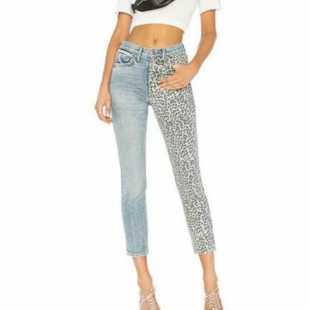 GRLFRND High Rise Karolina Tom Cat Split Jean in Cheetah Print